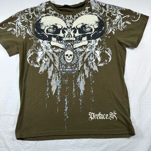 ROMWE Skull Graphic Tee Olive Green Grunge Goth Streetwear Size L